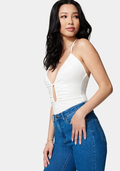 Bebe Multi Keyhole Halter Top In White Alyssum