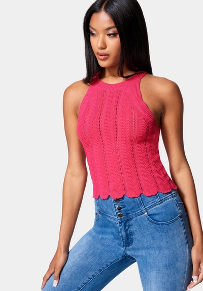 Bebe Scallop Hem Pointelle Sweater Halter Top In Bright Rose