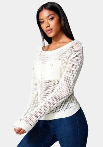 Bebe Open Knit Pocket Detail Sweater In White Alyssum