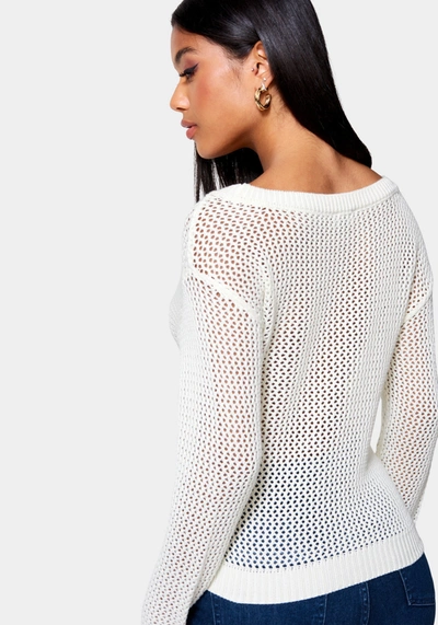 Bebe Open Knit Pocket Detail Sweater In White Alyssum