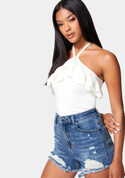 Bebe Halter Lurex Sweater Ruffle Top In White Alyssum