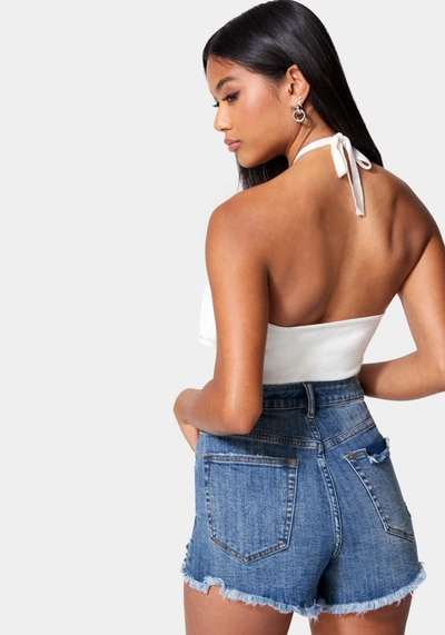 Bebe Halter Lurex Sweater Ruffle Top In White Alyssum