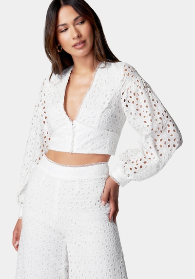 Bebe Balloon Sleeve Button Front Eyelet Blouse In White Alyssum