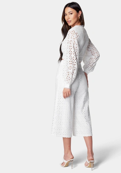Bebe Eyelet Detail Wide Leg Pant In White Alyssum