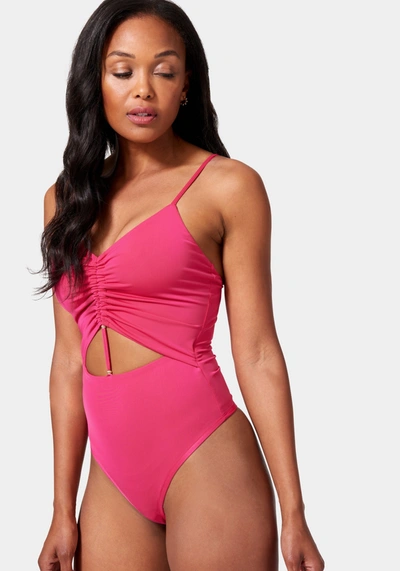 Shop Bebe Front Keyhole Ruched Knit Bodysuit In Bright Rose