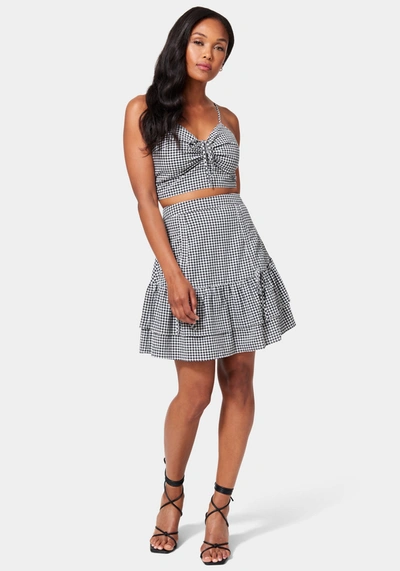 Bebe Mini Gingham Front Ruching Flutter Skirt In Black,white Alyssum
