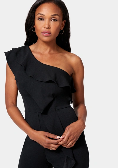 Bebe Knit Crepe Cascade Wide Leg Jumpsuit In Black