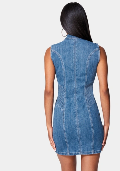 Shop Bebe Multi Stitch Asymmetrical Zipper Denim Dress In Medium Sky Blue Wash