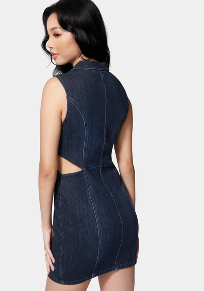 Shop Bebe Front Zip Side Cut Out Denim Dress In Dark Indigo Wash