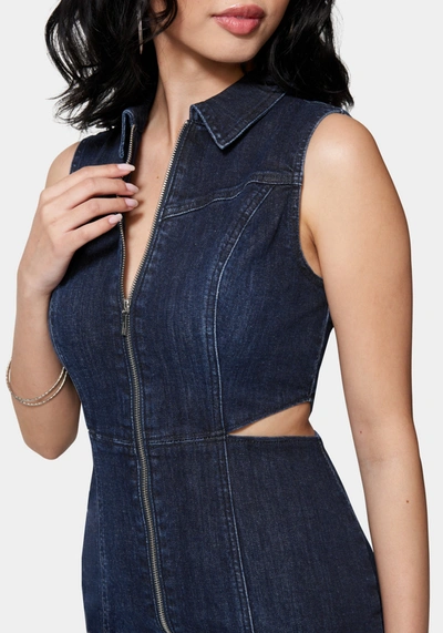 Shop Bebe Front Zip Side Cut Out Denim Dress In Dark Indigo Wash