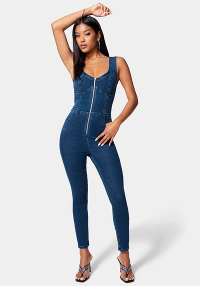 Shop Bebe Skinny Leg Front Zip Denim Jumpsuit In Medium Indigo Wash