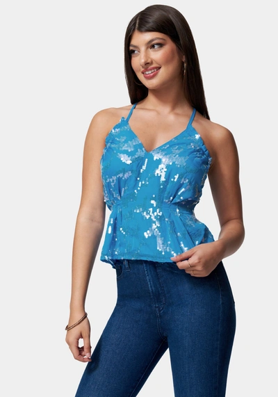 Shop Bebe Sequin Chiffon Cross Neck Blouse In Diva Blue