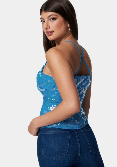 Bebe Sequin Chiffon Cross Neck Blouse In Diva Blue