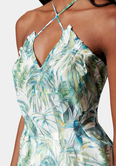 Bebe Printed Sequin Chiffon Cross Neck Blouse In Ocean Tropical Print