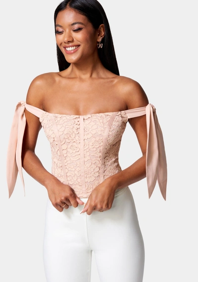 Shop Bebe Corded Lace Bustier With Chiffon Tie In Soft Rose