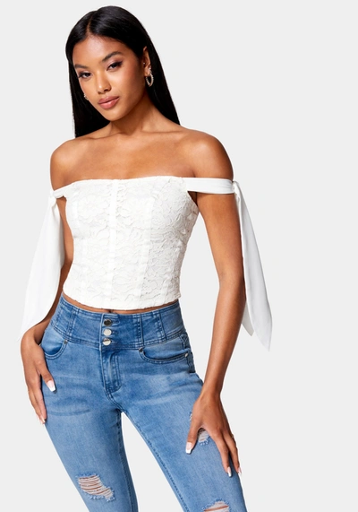 Shop Bebe Corded Lace Bustier With Chiffon Tie In White Alyssum