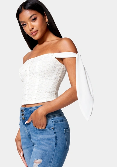 Bebe Corded Lace Bustier With Chiffon Tie In White Alyssum