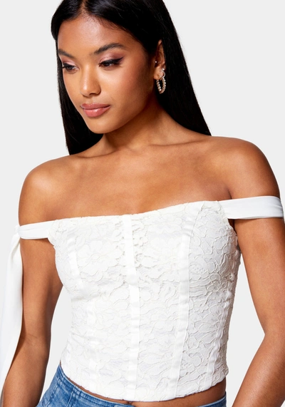 Bebe Corded Lace Bustier With Chiffon Tie In White Alyssum