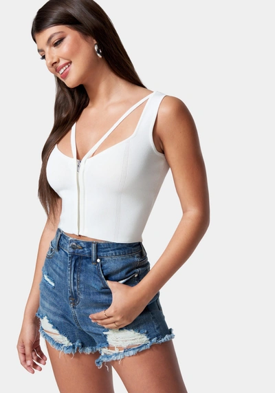 Shop Bebe Zip Front Corset Sweater Top In White Alyssum