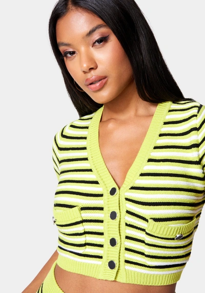 Bebe Button Front Cropped Cardigan Sweater In White Alyssum,sulphur Spring