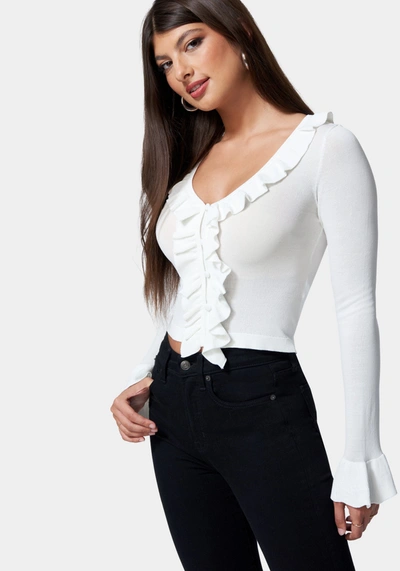 Bebe Ruffle Cropped Sweater Cardigan In White Alyssum