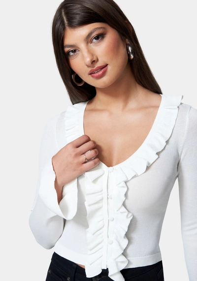 Bebe Ruffle Cropped Sweater Cardigan In White Alyssum