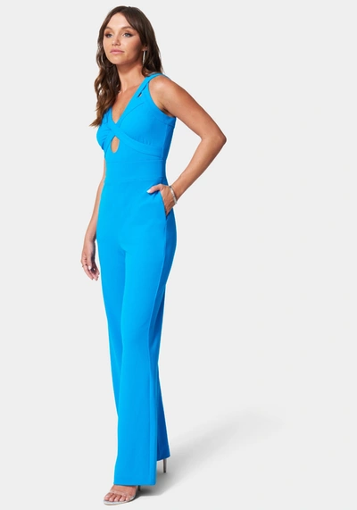 Shop Bebe Multi Strap Knit Crepe Wide Leg Jumpsuit In Diva Blue