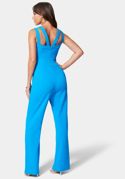 Shop Bebe Multi Strap Knit Crepe Wide Leg Jumpsuit In Diva Blue