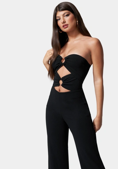 Bebe Ring Detail Wide Leg Knit Crepe With Satin Combo Jumpsuit In Black