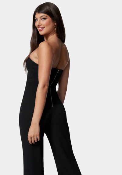 Bebe Ring Detail Wide Leg Knit Crepe With Satin Combo Jumpsuit In Black