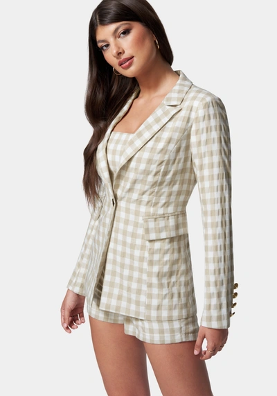 Shop Bebe Gingham One Button Tailored Jacket In White Alyssum,frappe