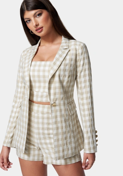 Shop Bebe Gingham One Button Tailored Jacket In White Alyssum,frappe