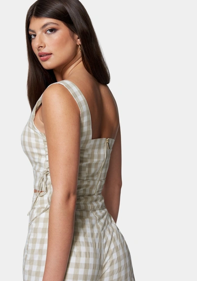 Bebe Gingham Cropped Lace Up Detail Top In White Alyssum,frappe