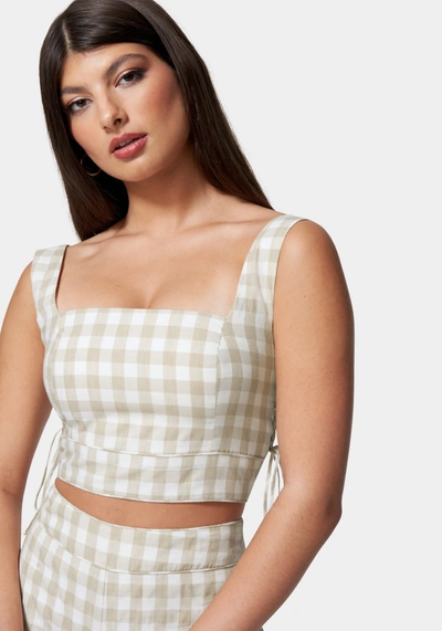 Bebe Gingham Cropped Lace Up Detail Top In White Alyssum,frappe