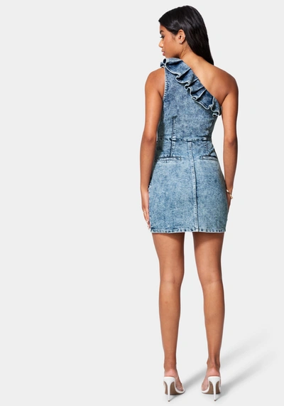 Bebe Metal Strap Detail Fitted Denim Dress In Light Glitter Wash