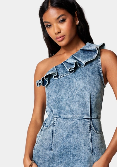 Shop Bebe Ruffle Detail Lurex Denim Dress In Light Glitter Wash