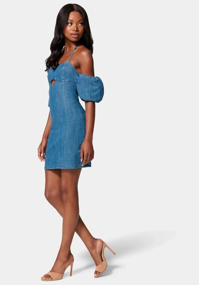 Shop Bebe Off Shoulder Bubble Sleeve Denim Dress In Medium Blue Wash