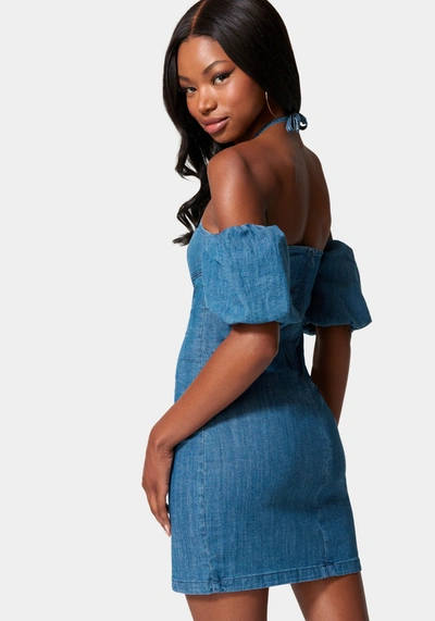 Shop Bebe Off Shoulder Bubble Sleeve Denim Dress In Medium Blue Wash