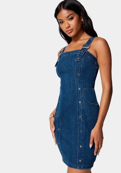 Shop Bebe Multi Band Detail Denim Dress In Medium Indigo Wash