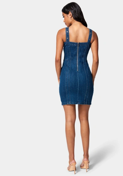 Bebe Multi Band Detail Denim Dress In Medium Indigo Wash