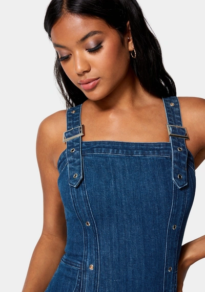 Bebe Multi Band Detail Denim Dress In Medium Indigo Wash