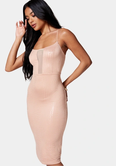 Shop Bebe Vegan Leather Caged Mini Dress In Taupe