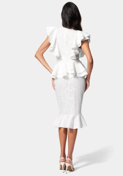 Shop Bebe Lace Ruffle Peplum Pencil Dress In White