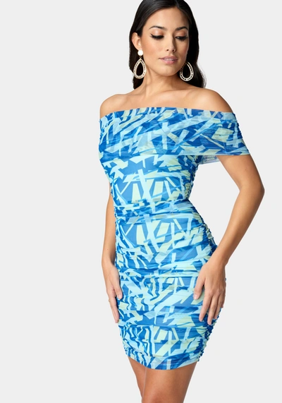 Bebe Mesh Off Shoulder Mini Dress In Multi
