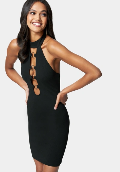 Bebe Ring Detail Plunge Neck Mini Dress In Jet Black