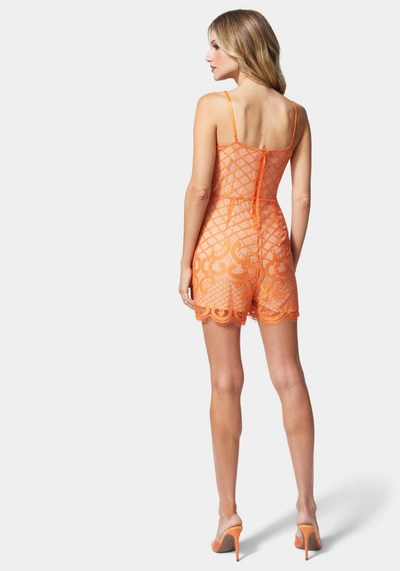 Bebe Mesh And Lace Romper In Coral Rose,nude