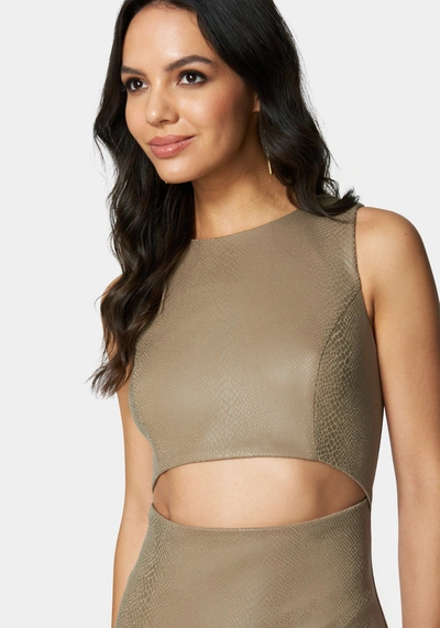 Shop Bebe Vegan Leather Cutout Bodycon Dress In Taupe