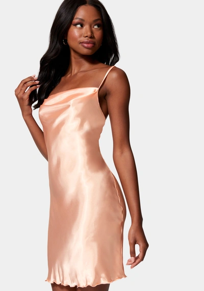 Shop Bebe Satin Cowl Neck Slip Mini Dress In Peach