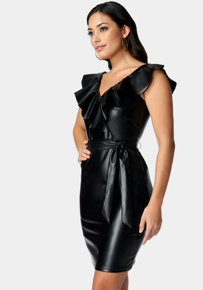 Shop Bebe Vegan Leather Ruffle Wrap Dress In Jet Black