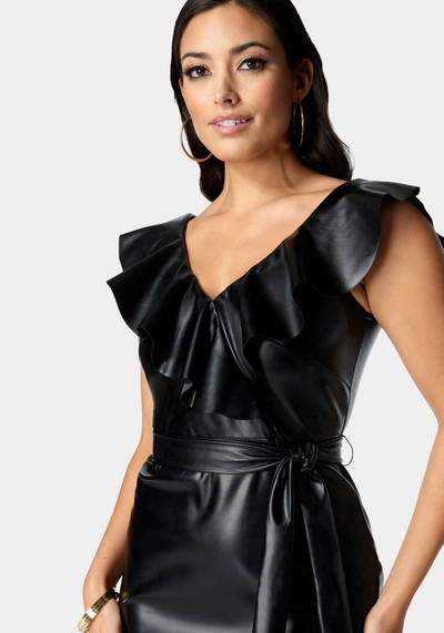 Shop Bebe Vegan Leather Ruffle Wrap Dress In Jet Black